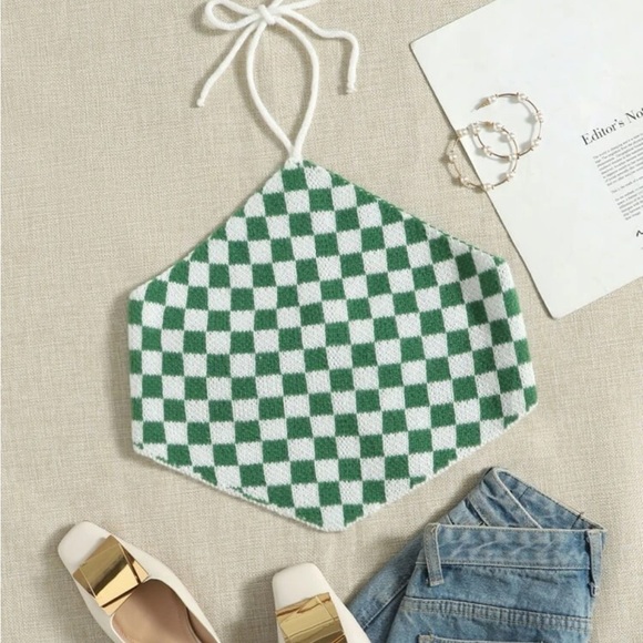 -NWOT | Self Tie Backless Checked Pattern Knit Top| Medium | Green - Picture 2 of 6